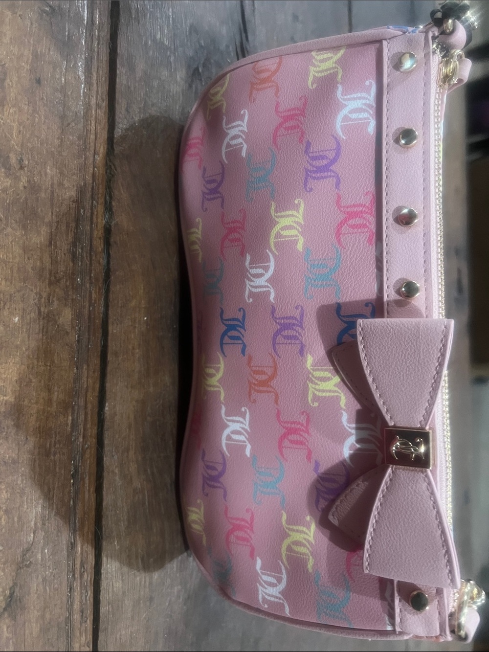 Juicy Couture Pink Mini Bow Crossbody with Multicolor Logo Print